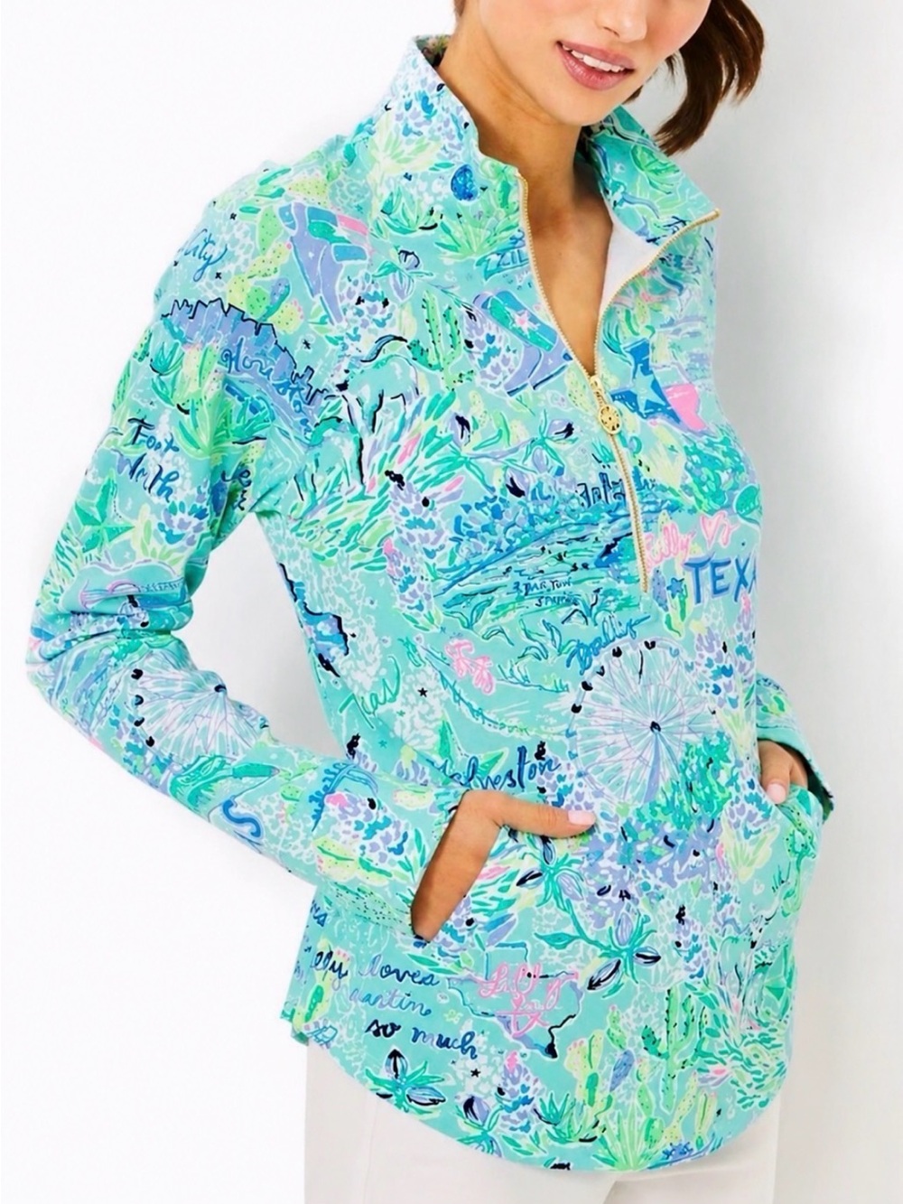 Aqua Floral Pullover with Gold Zip